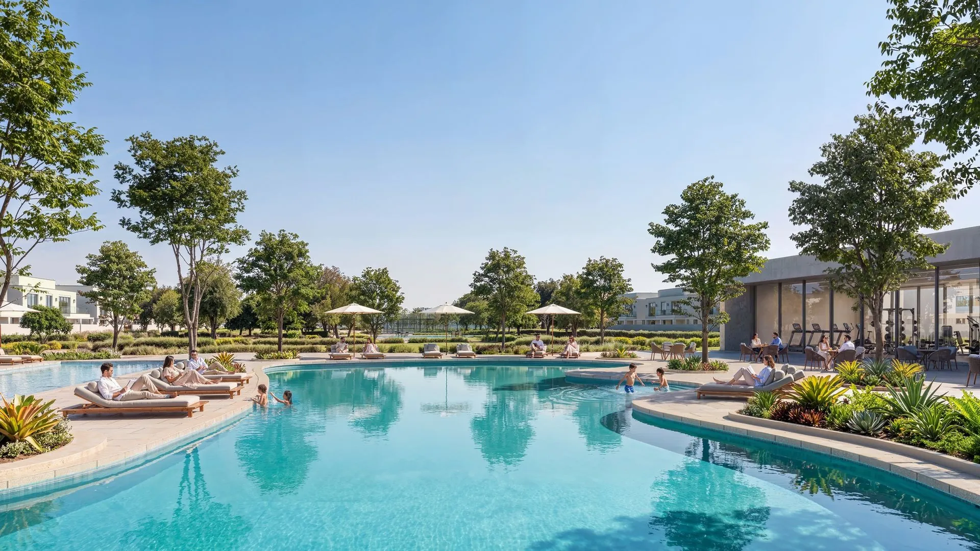 Wellness clubhouse and resort pool at Wadeem Gardens by Modon