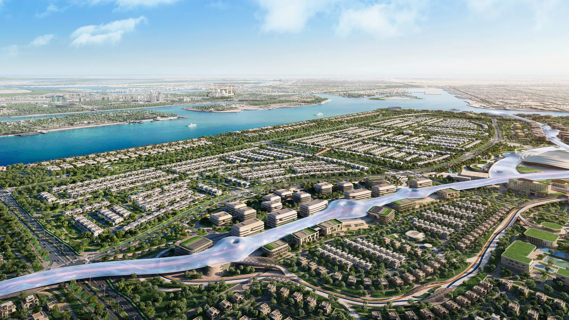 Aerial view of Wadeem Gardens by Modon and its climate-controlled spine, Hudayriyat Island